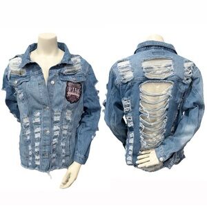 Thrill Jeans Distressed Denim Jacket Women’s 1X Shredded Back Ride Patch